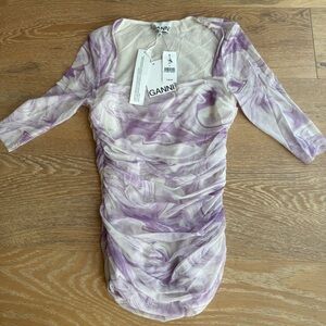 GANNI Orchid Bloom Square Neck Mesh Top NWT